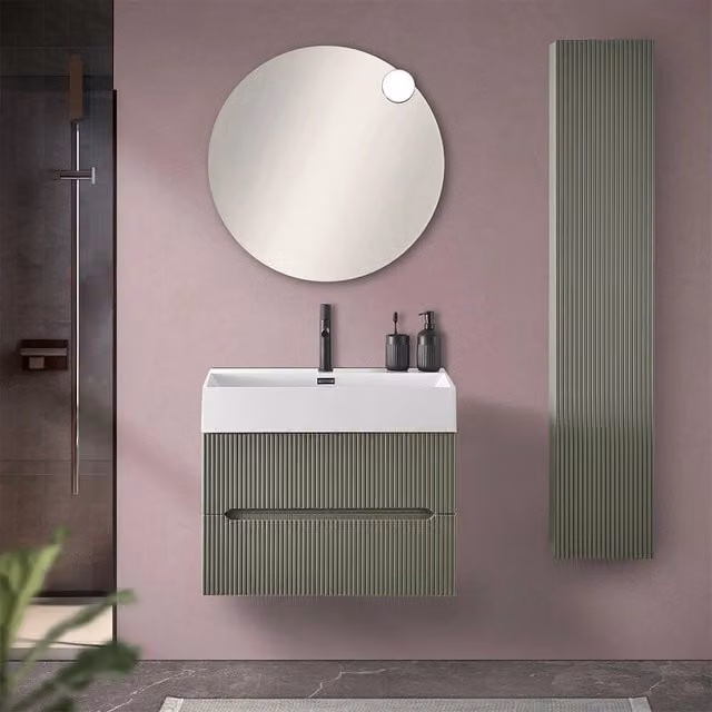 Mobile bagno sospeso cannettato verde Bali con ante e cassetti soft close L: 70 cm, H: 45,4 cm, P: 45 cm