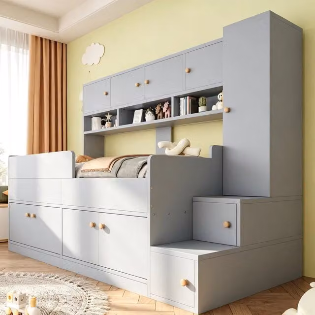 Letto a cabina bambino 90×200 cm con armadio, ripiani, scala contenitore, LED e barriera, senza materasso, grigio