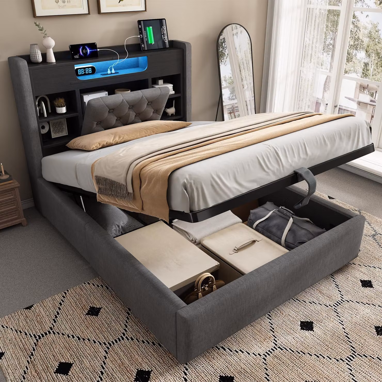 Letto imbottito Flieks 90x200 cm con USB e Type-C, letto idraulico con contenitore, scaffale e vano portaoggetti, letto singolo per ragazzi con LED, rivestimento in lino, grigio