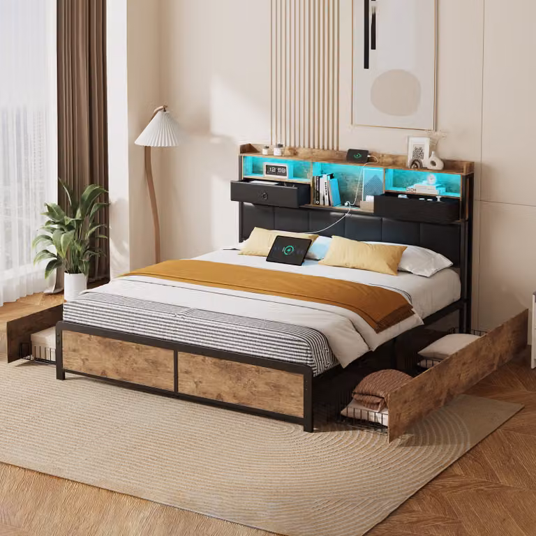 Letto per adulti 140x200cm, con luce LED e cassetti, letto in ferro con testiera e rete a doghe, nero