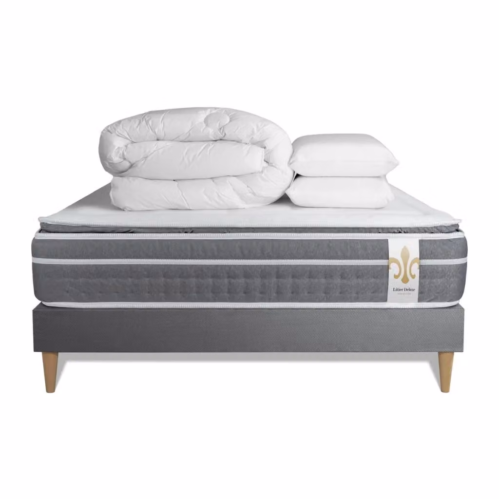 Kit letto completo Litier Deluxe Tradition Trente PLUS con materasso ibrido memory foam e box spring grigio, dimensioni 160x200 cm – 2