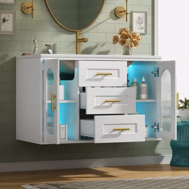 Mobile bagno sospeso 76 cm con lavabo; 2 cassetti; ante in vetro rigato e LED; bianco