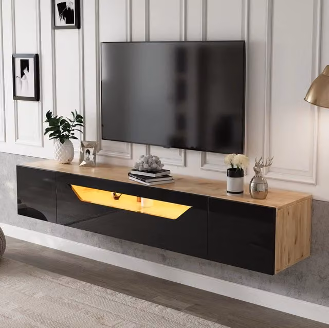 Mobile TV sospeso ULEVR 180x37x36 cm con LED controllato da app, 2 ante e anta a ribalta, nero e legno naturale