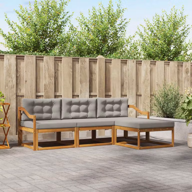 Set di divani da esterno vidaXL a forma di L in legno di acacia con cuscini grigi per giardino e terrazza