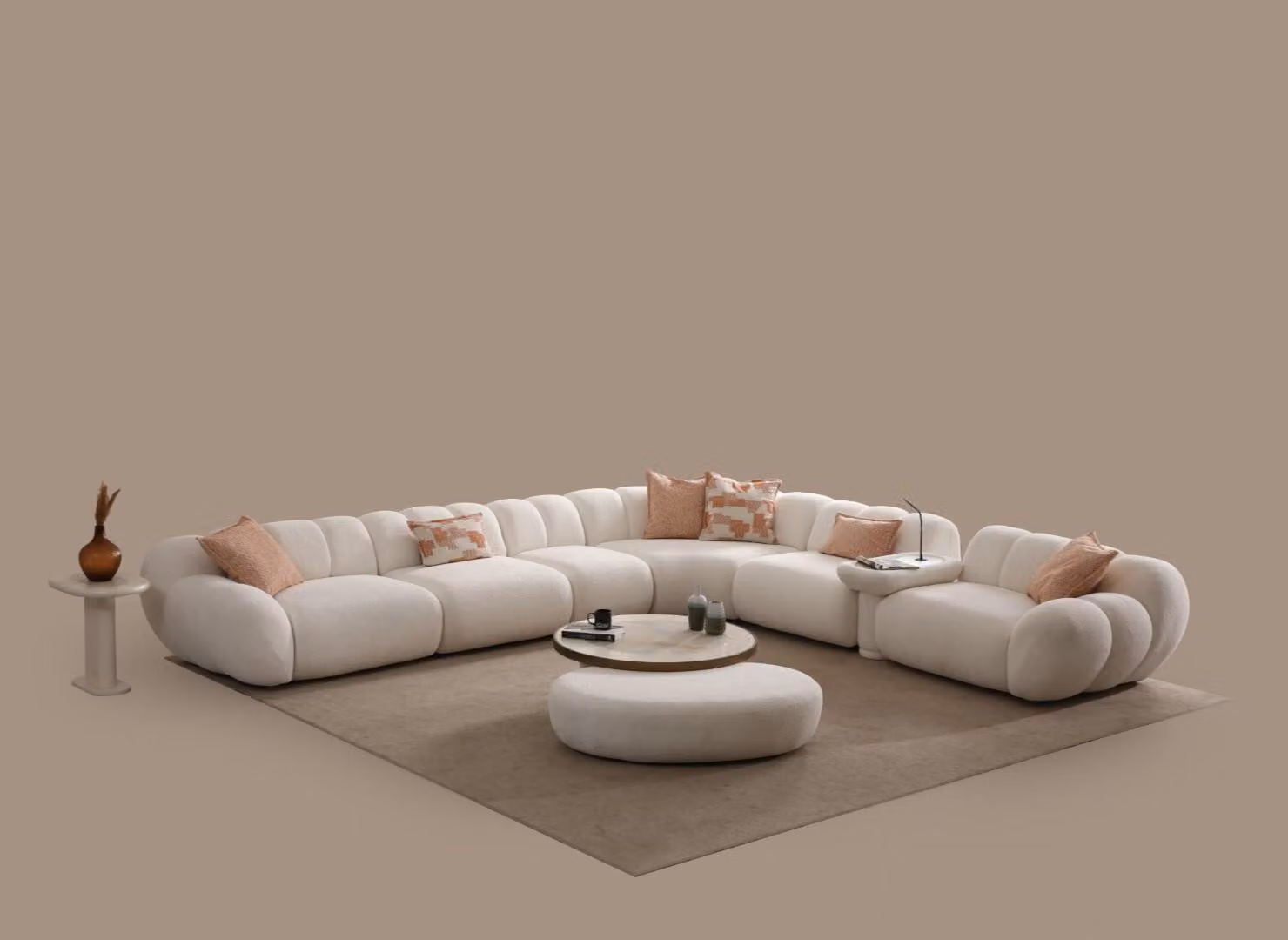 Weißes Wohnzimmer Set Hochwertiges Ecksofa Couchtisch Hocker