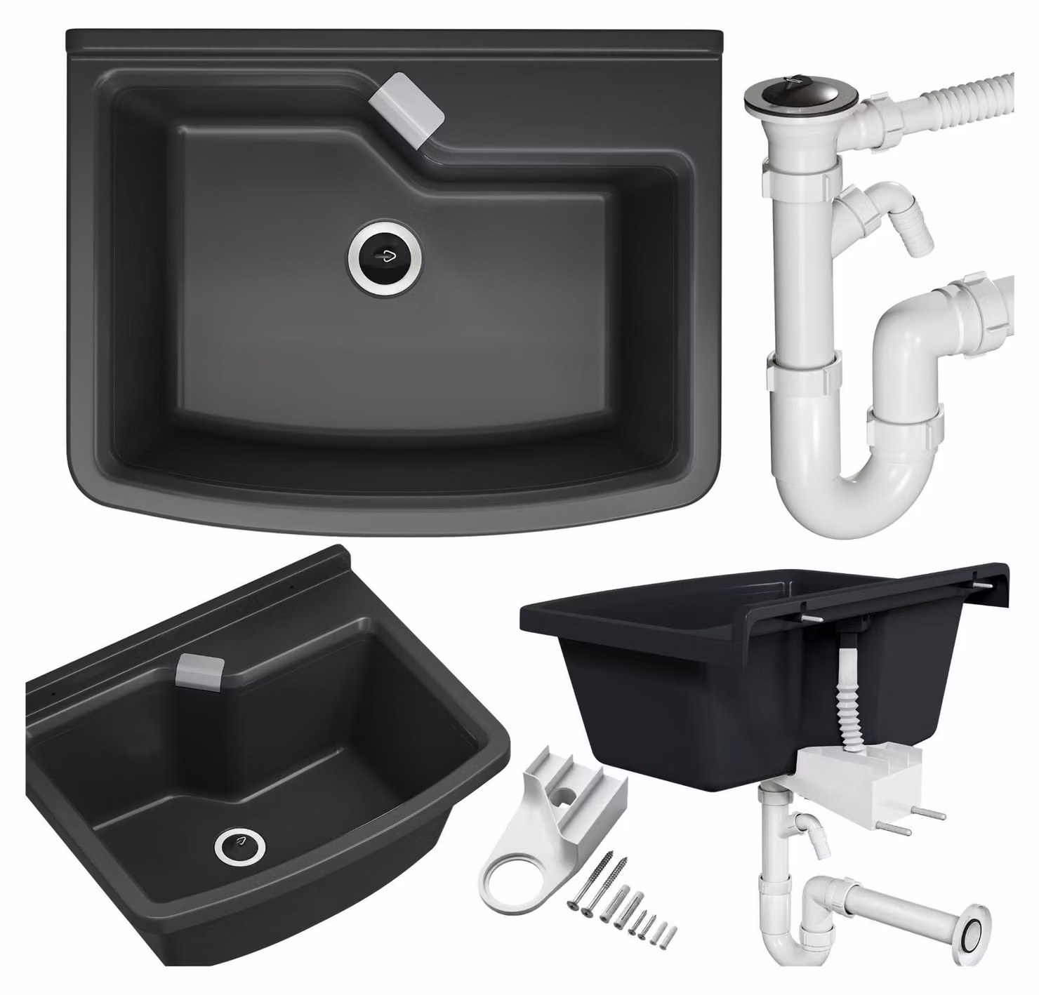 Granitan - Lavatoio - Lavandino 58,5x45 cm - Lavello nero - con miscelatore e sifone - VELORA