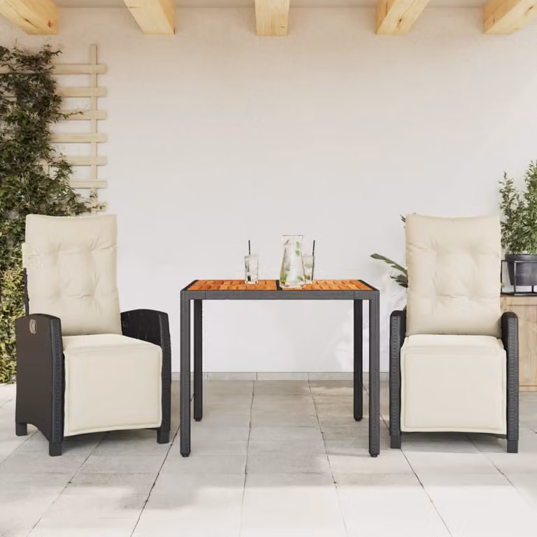 Set da pranzo da giardino vidaXL in polyrattan nero con cuscini e dettagli in legno di acacia