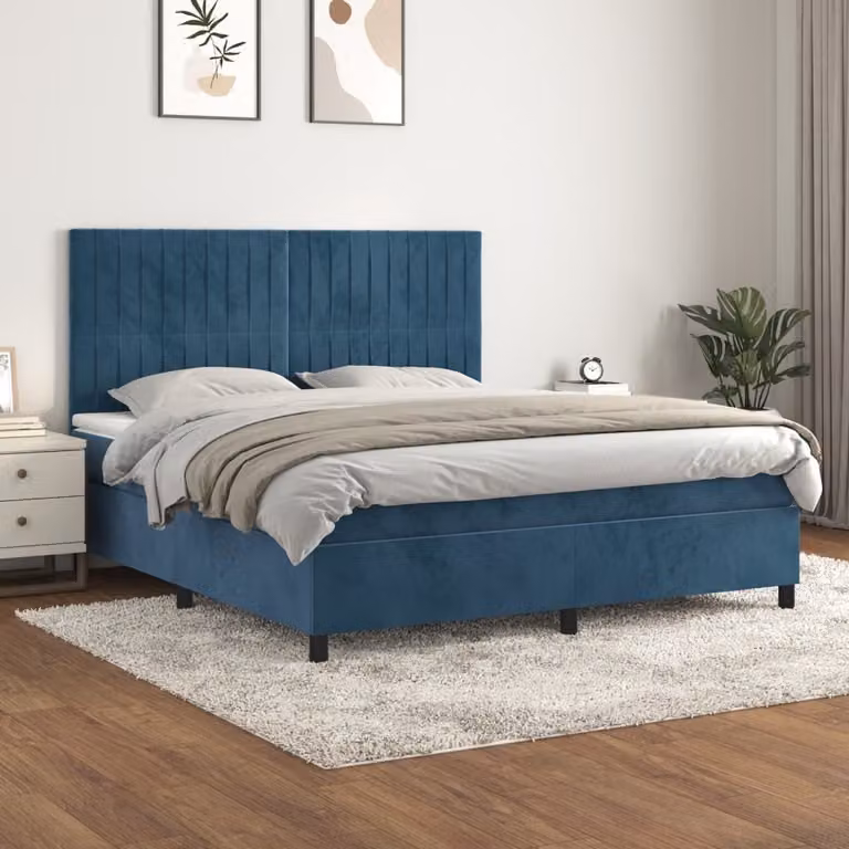 The Living Store Letto a molle con materasso blu scuro 160x200 cm in velluto