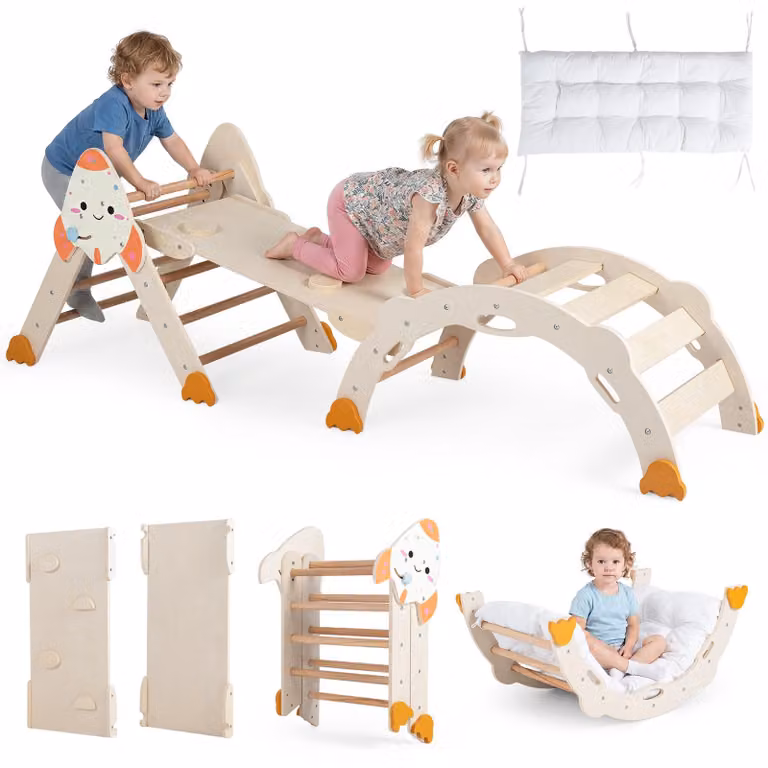COSTWAY, set da arrampicata Montessori 8-in-1, set giochi da interno per bambini dai 1 anno in su, composto da struttura per arrampicata, triangolo da arrampicata, arco da arrampicata, scivolo e cuscini, giocattolo per l'arrampicata