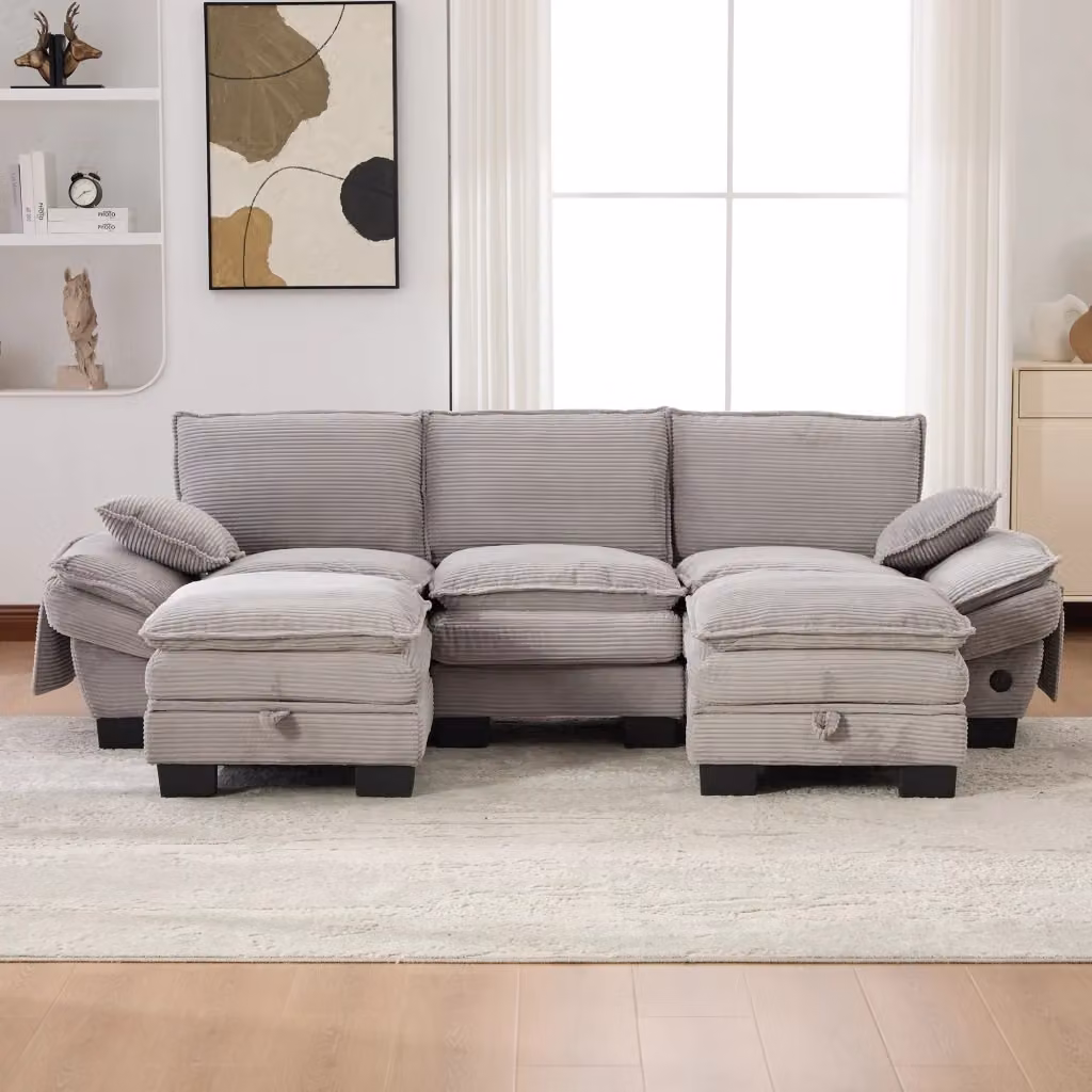 Set da 3 pezzi REDOM composto da divano a 3 posti e 2 hocker in velluto a coste grigio chiaro, L: 260 cm, P: 132 cm, H: 84 cm – 2