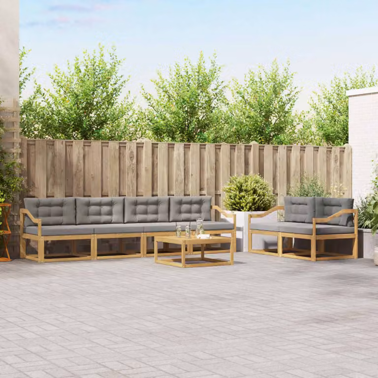 Set di divani da esterno vidaXL a forma di L composto da 6 pezzi in legno di acacia con cuscini bianchi e grigi per giardino e terrazza