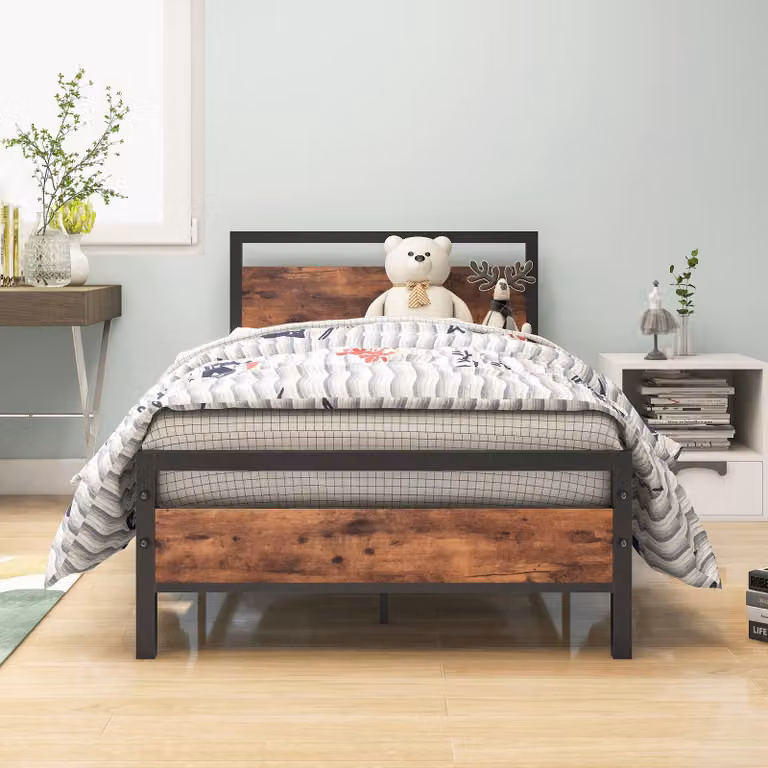 Letto in metallo 90x200 cm con rete a doghe, stile vintage, color marrone/nero