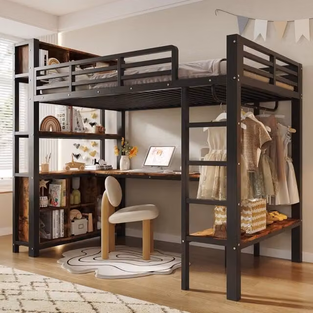 Letto a soppalco ¨C Minimal ¨C Nero 90x200 cm in metallo con tavolo e mensole