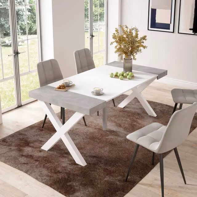 Consolle allungabile, 58 fino 180x90x73cm, Per 8 persone, Gambe in legno, Bianco e grigio cemento RF2769