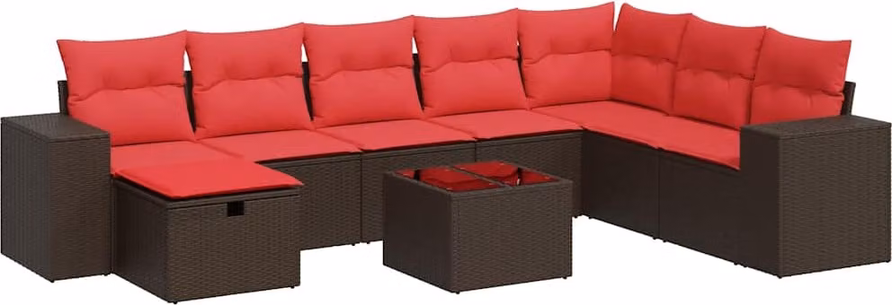 Set Divani da Giardino 9pz con Cuscini Marrone in Polyrattan