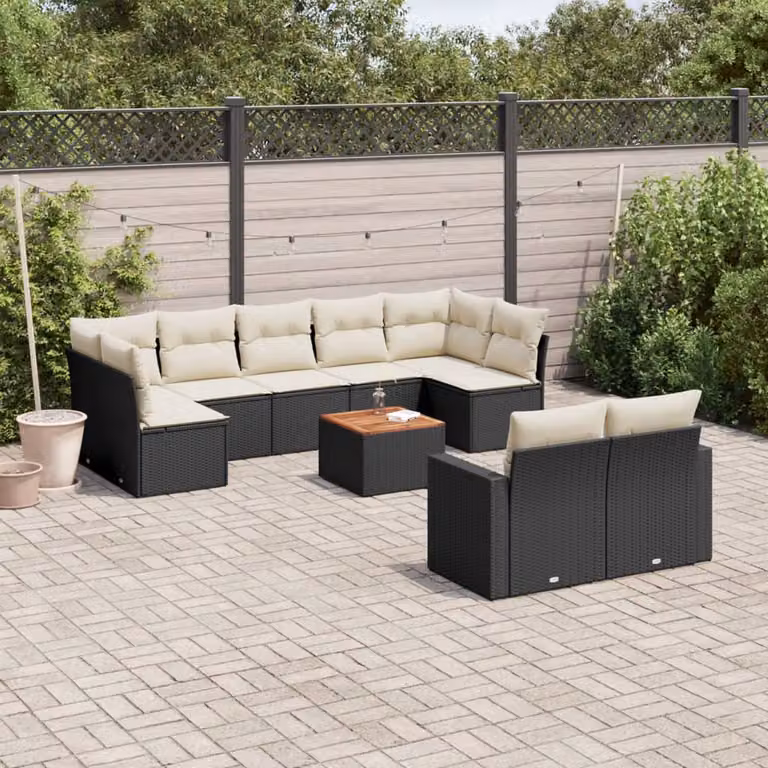 vidaXL Set Divani da Giardino 10pz in Polyrattan Nero con Cuscini e Tavolino da Esterno