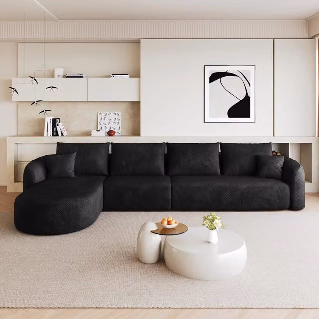 Divano angolare fisso 4 posti 336x168 cm; divano senza montaggio con chaise longue sinistra; schiuma; tessuto in ciniglia nero