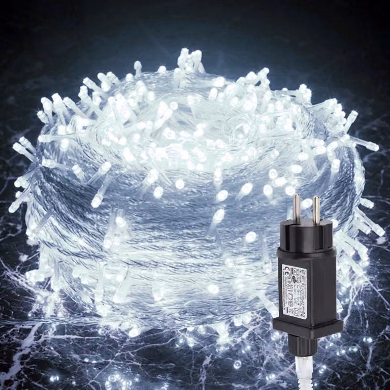 Catena luminosa LED Ikodm, 200 metri, 1000 LED, con 8 modalità, ideale per interni, Natale, feste, giardino. Effetto scintillante a forma di stelle. Cavo trasparente, luce bianca fredda