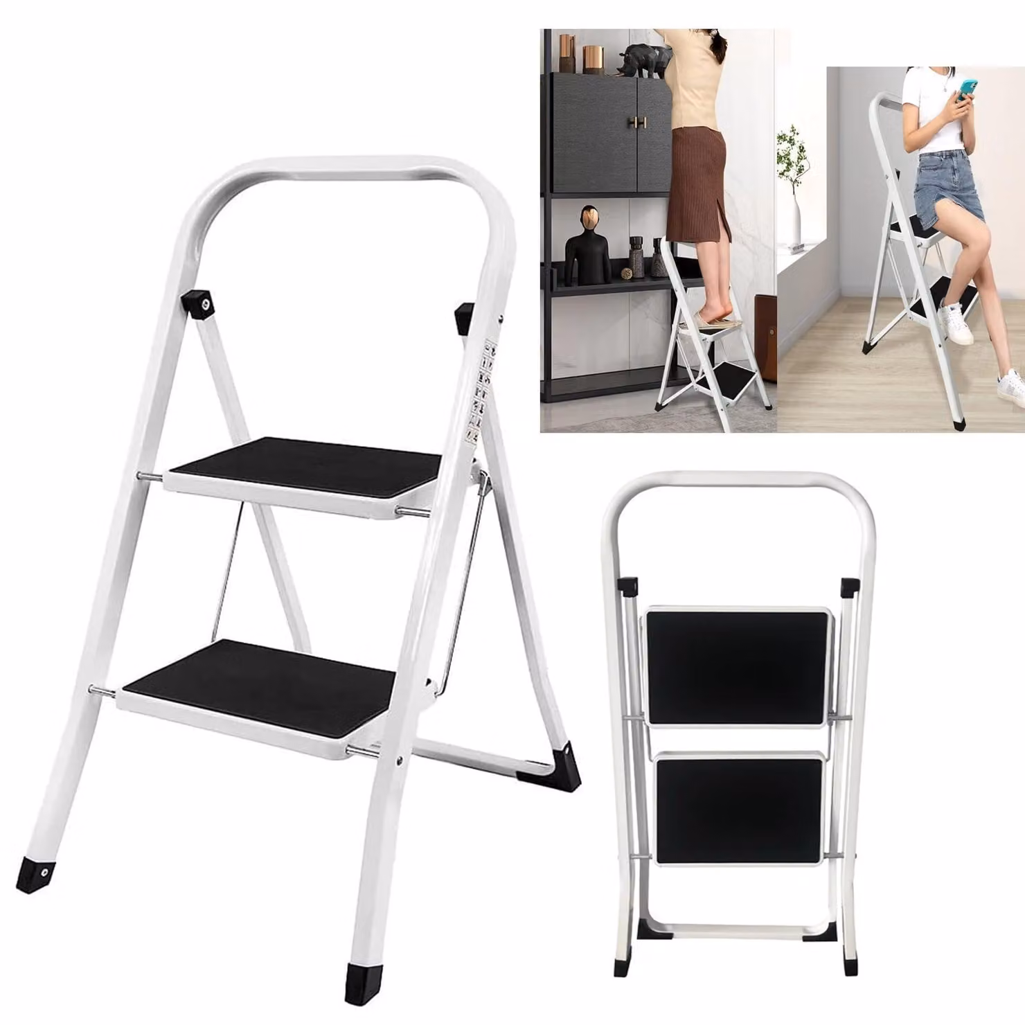 Scala pieghevole per uso domestico - Scala di sicurezza a 2 gradini - Acciaio inossidabile - Gradini larghi antiscivolo - Con maniglia - Portatile - 44,5 x 78,5 cm - Bianco