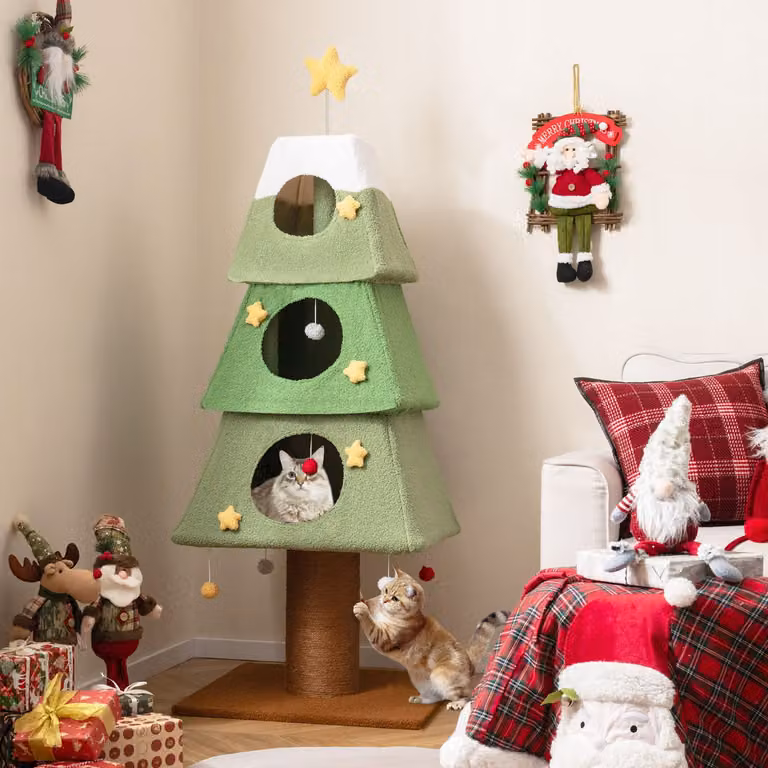 Albero di Natale per gatti Costway verde con 3 condomini e pali tiragraffi in sisal sostituibile