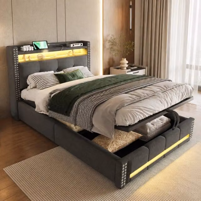 Letto singolo imbottito 90x200 cm con LED; USB; contenitore e testiera con ripiani; grigio