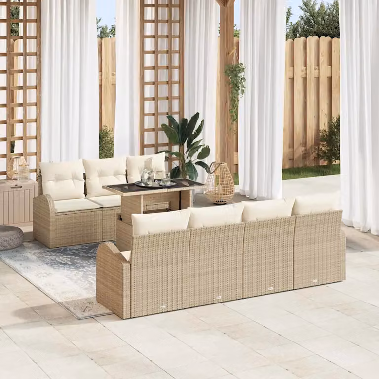 Set Divano da Giardino vidaXL 8 Pezzi in Polyrattan Beige con Cuscini e Tavolino