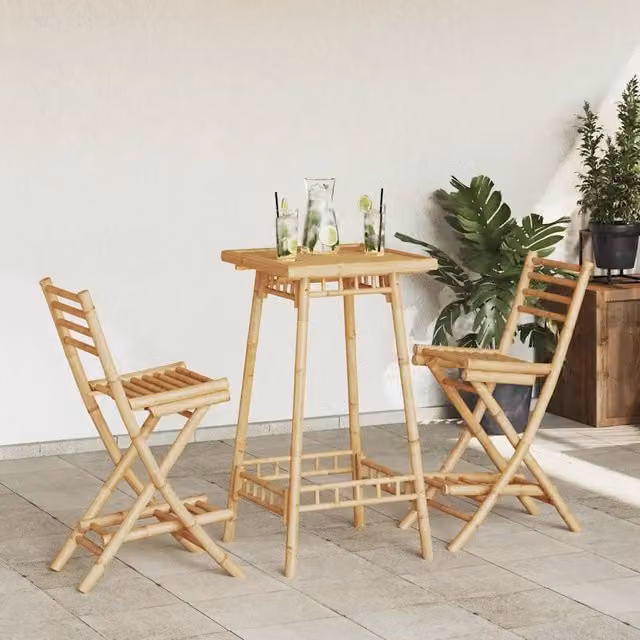 Set di 2 sgabelli da esterno moderni vidaXL in bambù color beige con poggiapiedi per giardino, balcone o terrazza