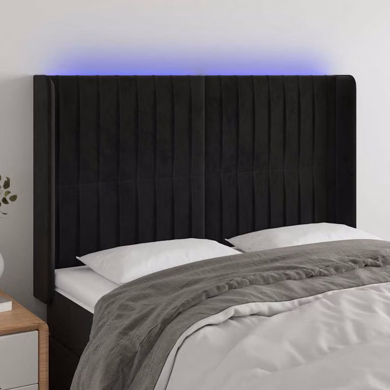 Testiera con LED e porta USB vidaXL in velluto nero, L: 147 cm, P: 16 cm, H: 118-128 cm