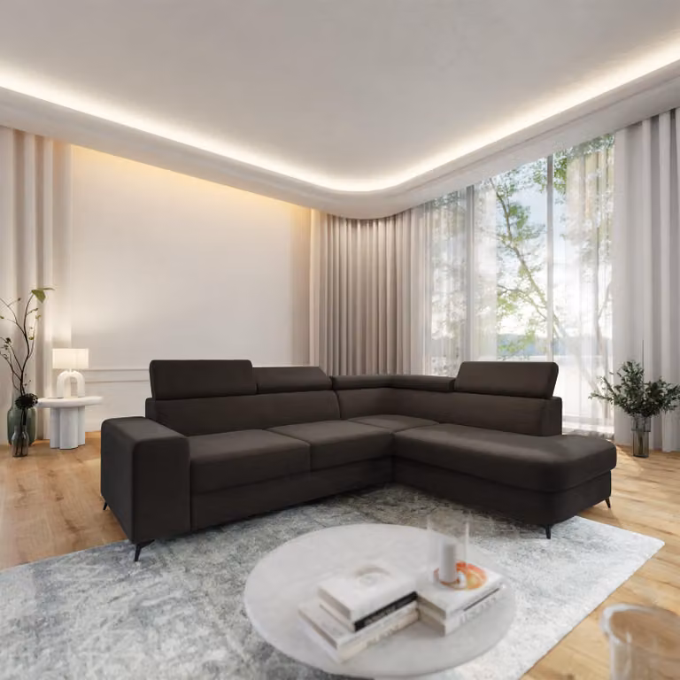 Divano angolare Masseno ALVORO R-S con funzione letto a L, divano con box letto, divano da soggiorno, divano, divano letto, set di divani - marrone, MATT VELVET 29