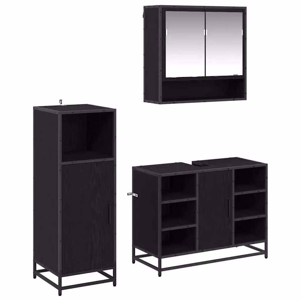 Set di mobili per il bagno moderno vidaXL in 3 pezzi, colore nero e rovere, con armadietto a specchio, mobile lavabo e colonna alta – 2