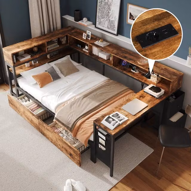 Letto singolo 120 × 200 cm con 2 cassetti, ripiani, porta di ricarica e tavolino, senza materasso, nero e naturale