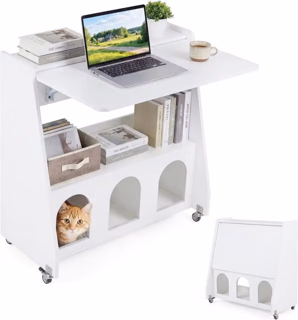 Scrivania per computer moderna con ruote e cuccia per gatti integrata, tavolo salvaspazio in legno bianco con ripiano aperto L: 100 cm, P: 57,5 cm, H: 78,5 cm