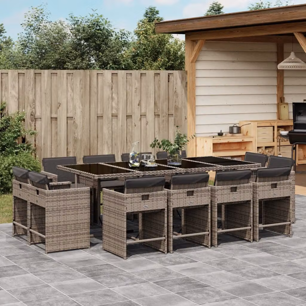 Set da pranzo da giardino vidaXL in polyrattan con cuscini e piano in vetro, 13 pezzi, grigio e nero – 1