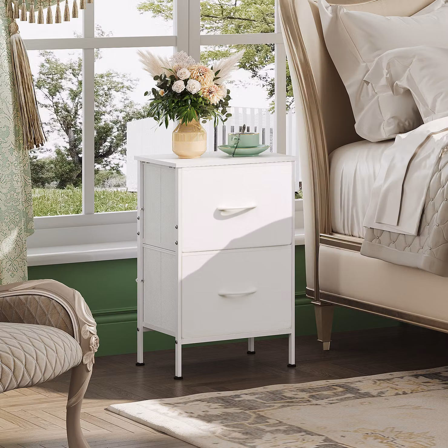 Comodino Aosom con 2 cassetti in tessuto e piano in legno impermeabile, bianco, L 39,8 cm x P 29,8 cm x H 63,1 cm – 2