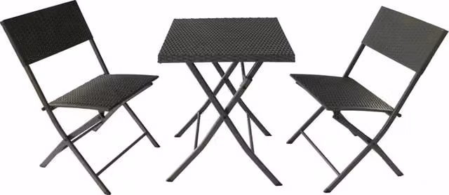 Set Tavolino e 2 Sedie Pieghevoli da Giardino Becker in Polyrattan e Metallo Nero Matt