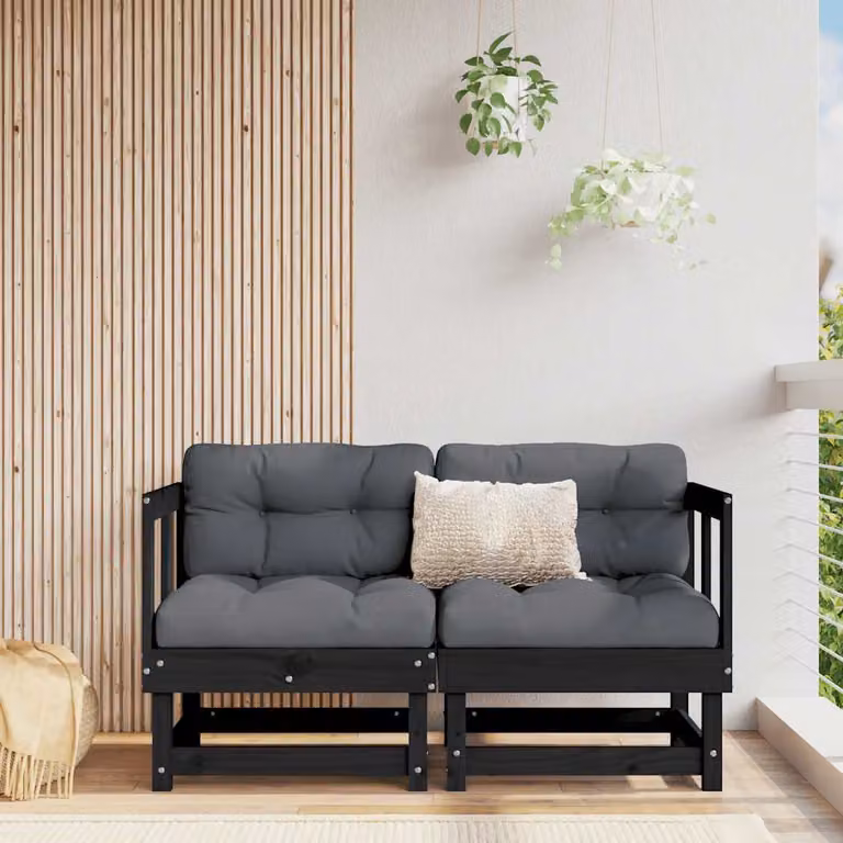 Set di 2 Divani Angolari vidaXL in Legno di Pino Massello con Cuscini, Design a L Stile Rustico, Colore Antracite/Grigio/Nero