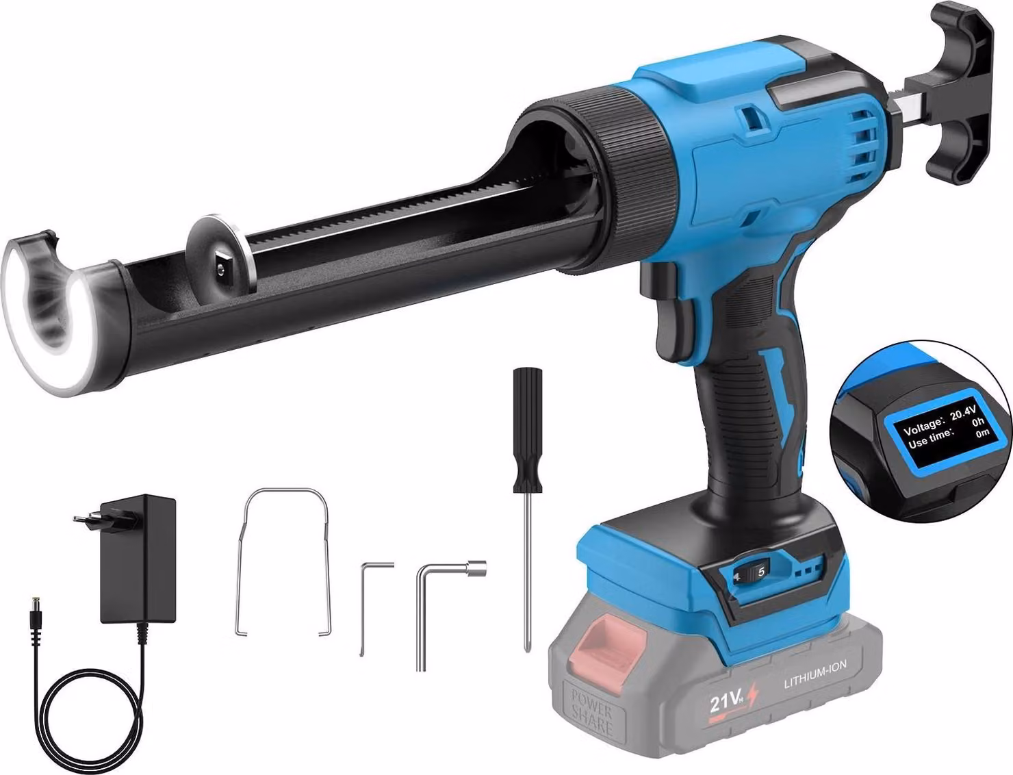 Pistola sigillante elettrica, 6 velocità, luce LED, senza batteria, blu