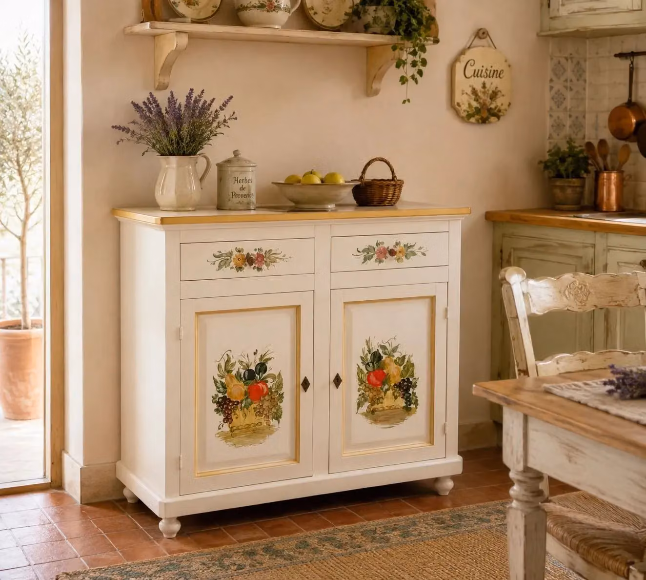 Credenza 2 ante in legno bianco con decorazione floreale stile shabby chic Mobili 2G L: 104 cm, P: 43 cm, H: 98 cm – 2