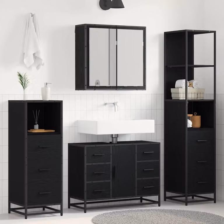 Set di mobili per il bagno moderno vidaXL in 3 pezzi, colore nero e rovere, con armadietto con specchio, mobile lavabo e mobile laterale, L/P/H: 80 x 33 x 166 cm