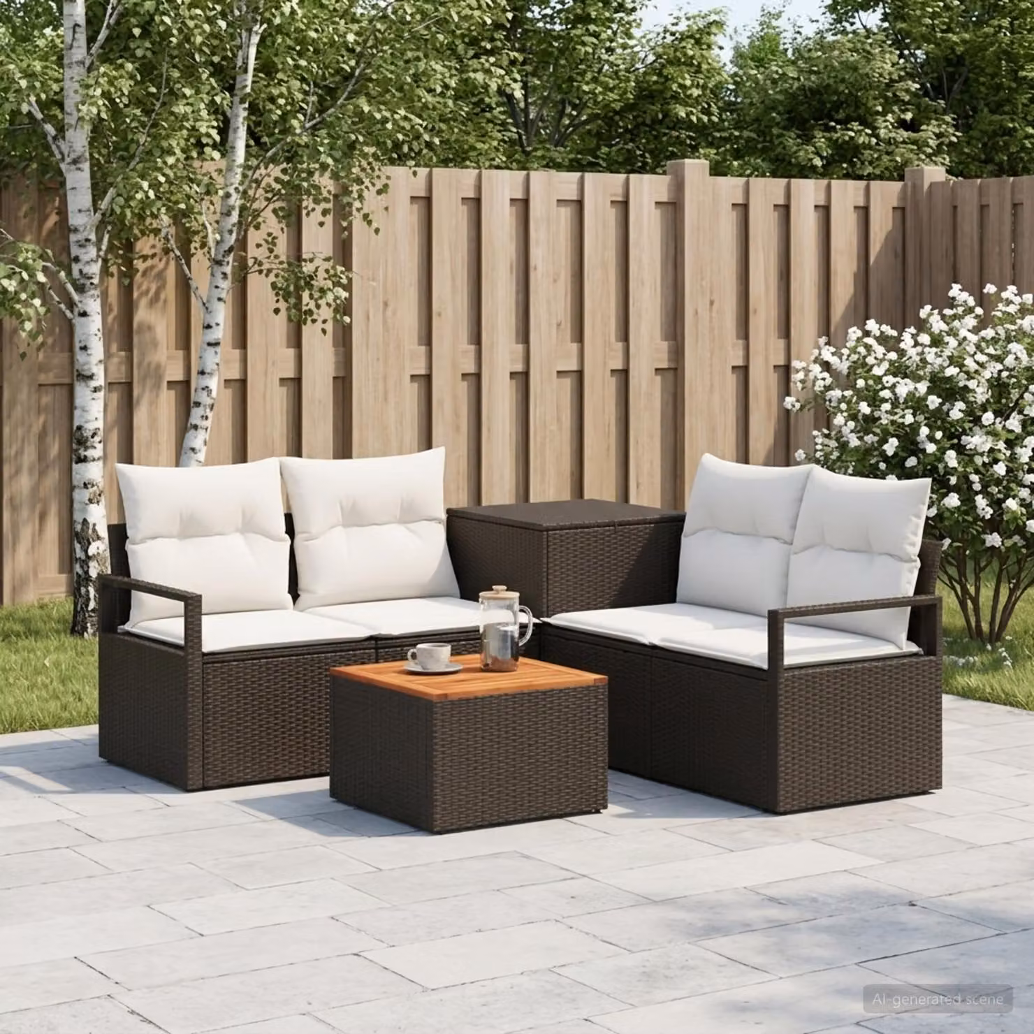 Set di divani da giardino vidaXL in polyrattan nero e bianco con tavolo da caffè e cuscini inclusi
