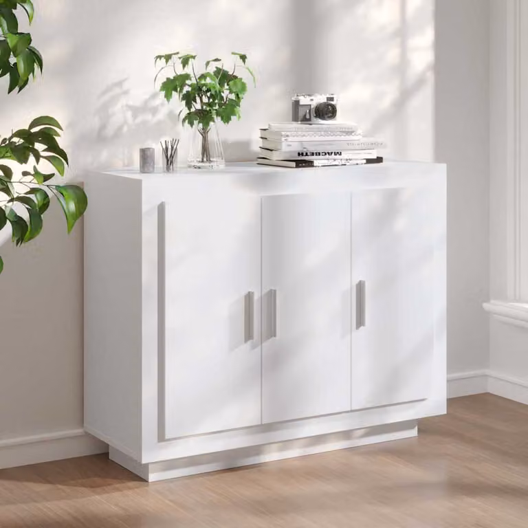 Credenza moderna vidaXL in legno multistrato bianco lucido L 92 cm, P 35 cm, H 75 cm