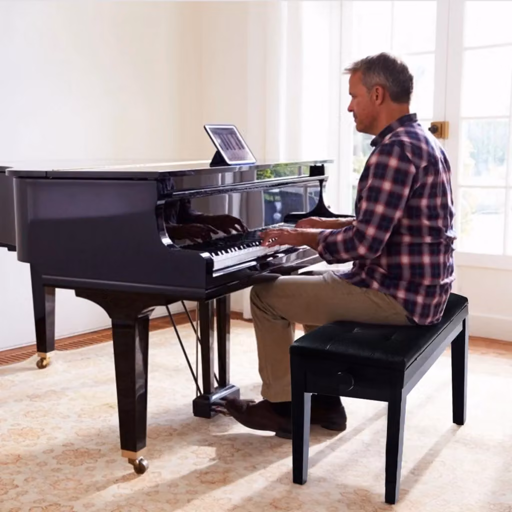 Panca per pianoforte imbottita Design Mania, colore nero, regolabile in altezza, L: 74 cm, P: 34 cm, H: 48-56,5 cm – 2