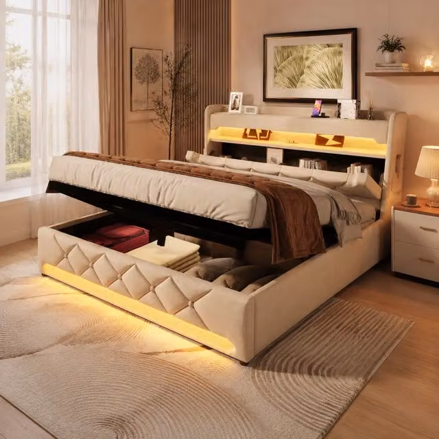 Letto contenitore 140x200 cm; matrimoniale con contenitore idraulico; testiera contenitore; LED 360°; USB e Type-C; lino; beige