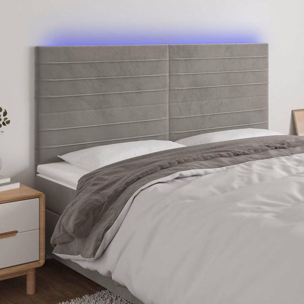 Testiera per letto vidaXL in velluto grigio con illuminazione LED e porta USB, L: 160 cm, P: 5 cm, H: 118-128 cm