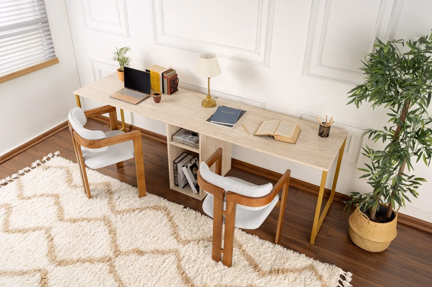 Skye Decor, Scrivania doppia - Travertino, Oro, Scrivanie, Travertino, 240 x 74 x 60 cm