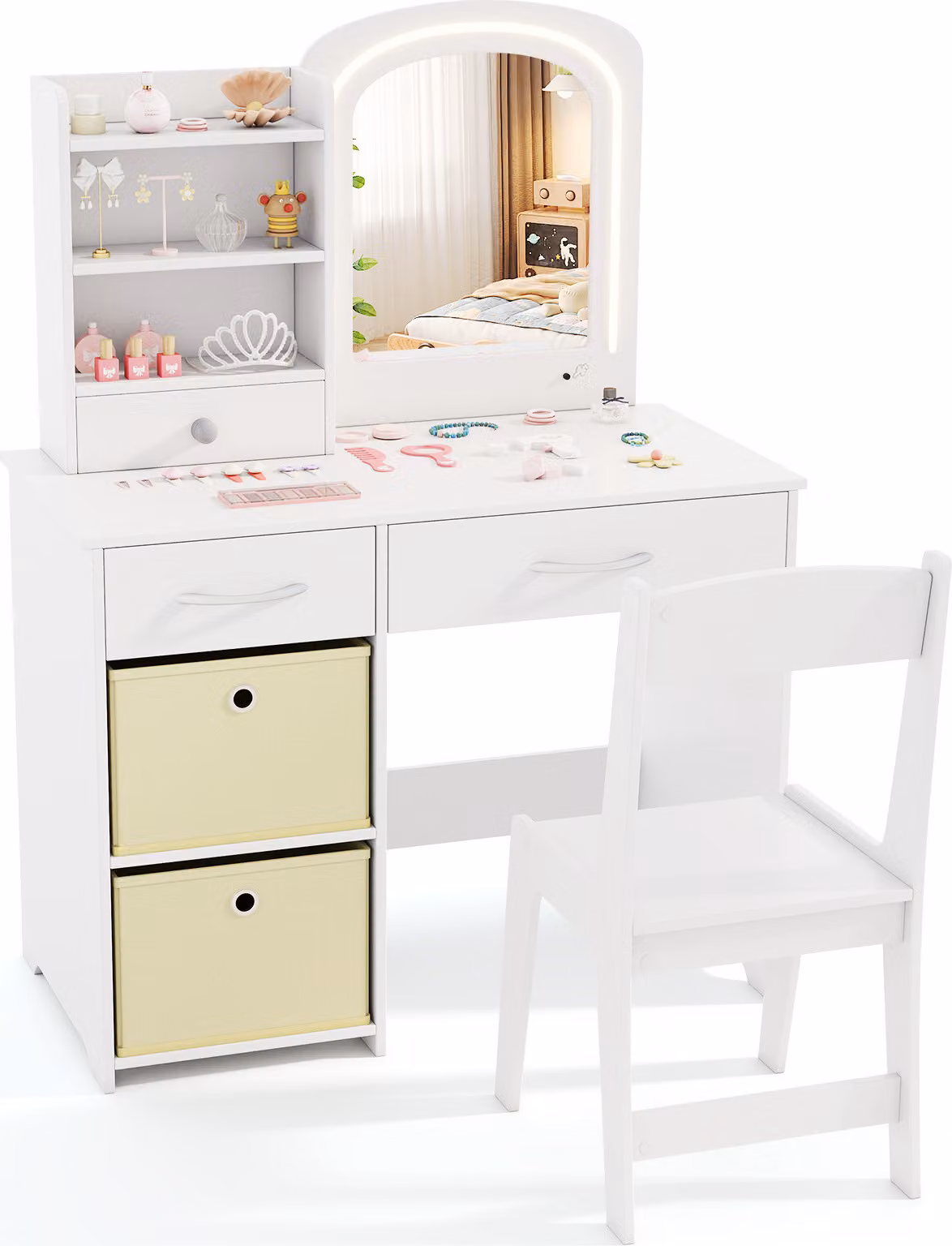 COSTWAY Set tavolo da trucco per bambini con specchio illuminato, set tavolo e sedia da trucco per principesse con specchio e luci, ripiani aperti Bianco