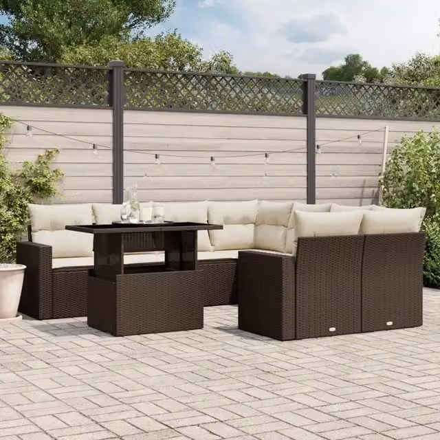 Set Divani da Giardino 9pz con Cuscini Marrone in Polyrattan 3267173