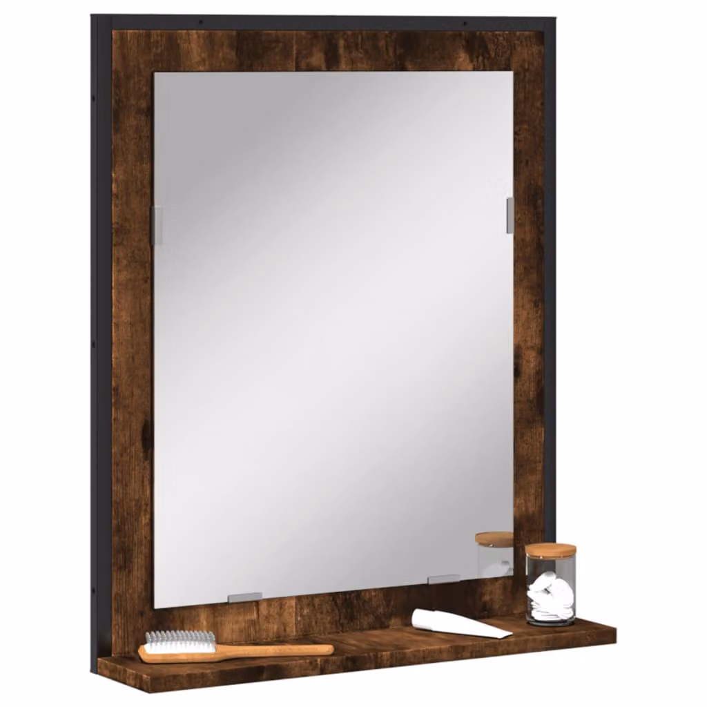 Specchio da bagno con ripiano vidaXL in rovere fumo, L: 50 cm, P: 12 cm, H: 60 cm