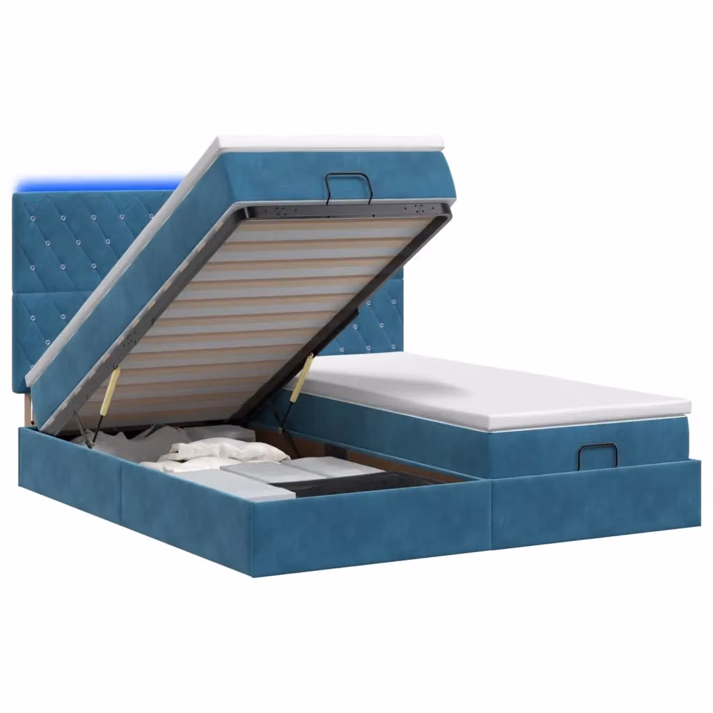 Letto Ottomano vidaXL in Velluto Blu con Materasso Ibrido, Illuminazione LED Sotto il Letto e Porte USB, L/P/H: 200 x 200 x 88 cm – 2