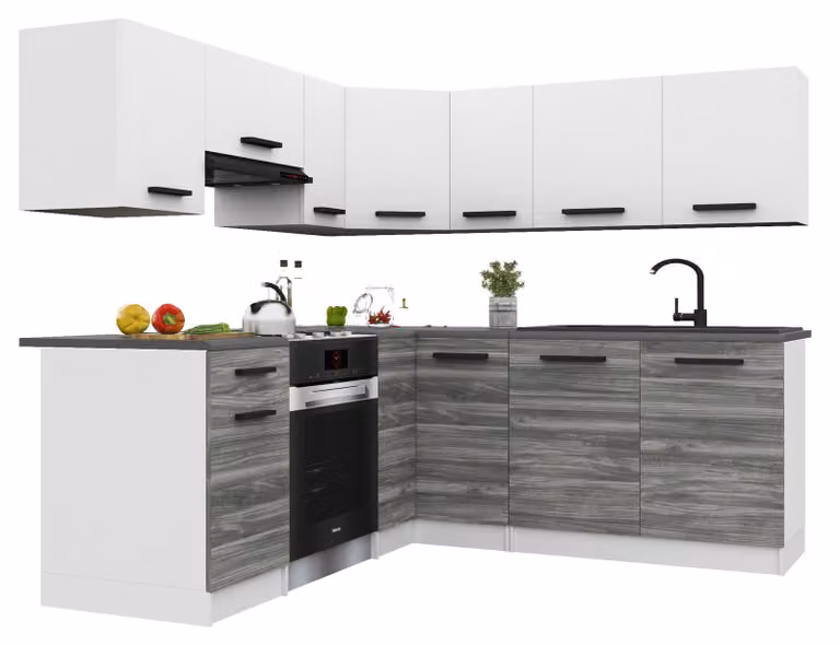 Belini - Angolo cottura moderno ITALIA 6 - Mobili da cucina 360 cm bianco-grigio Glamour opaco - Cucina componibile con pensili, mobili base e piani di lavoro